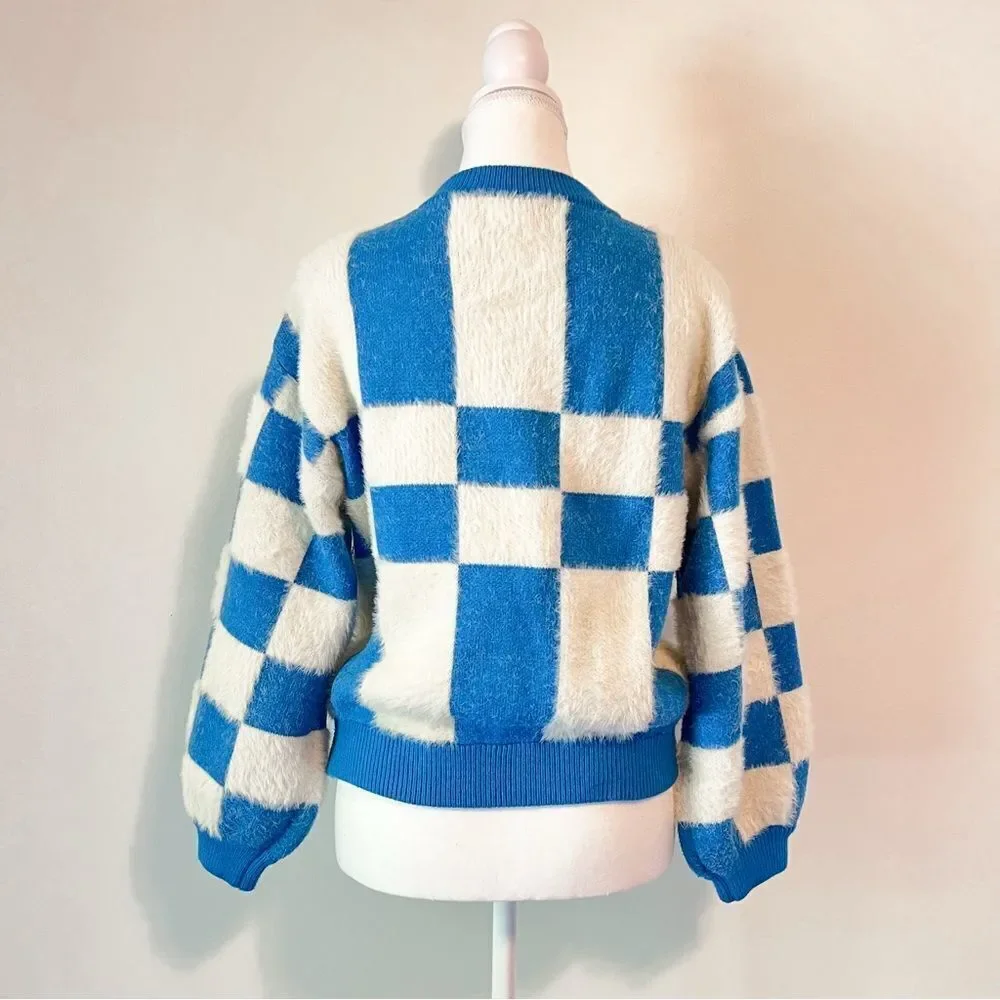 FRNCH Lio Cozy Fuzzy Sweater Blue White Abstract Colorblock Size Small